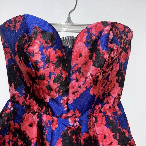 B. Darlin Red & Blue Floral Illusion Printed Strapless Formal Prom Dress Size XS - Picture 3 of 9